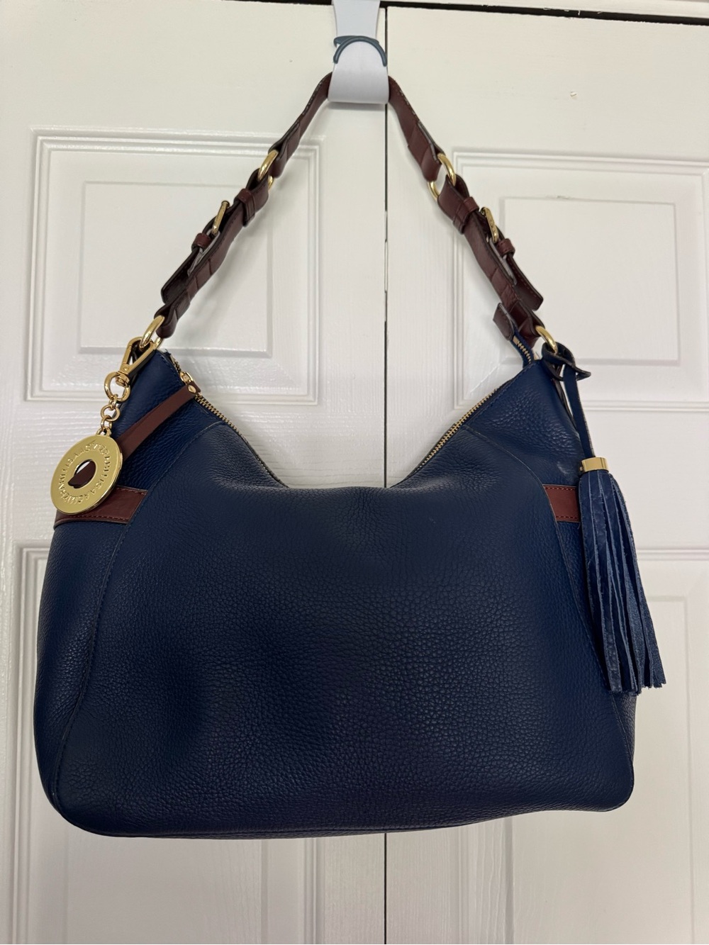 Isaac Mizrahi Navy Bridgehampton Pebble Leather Zip-Top Hobo Handbag